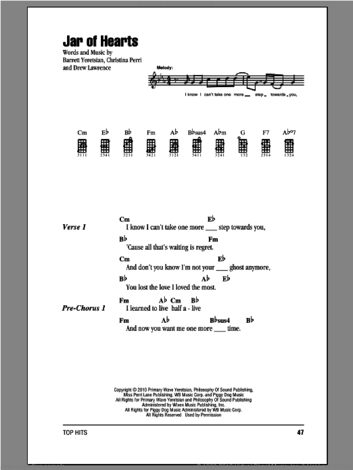 Jar Of Hearts sheet music for ukulele (chords) by Christina Perri, intermediate skill level
