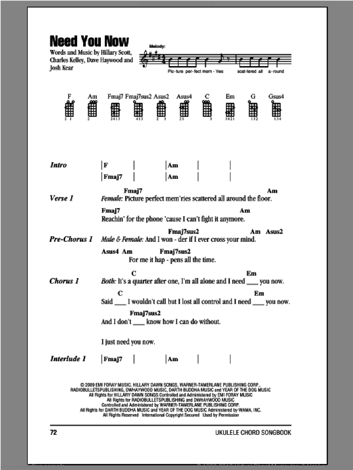 Need You Now sheet music for ukulele (chords) by Lady Antebellum and Lady A, intermediate skill level