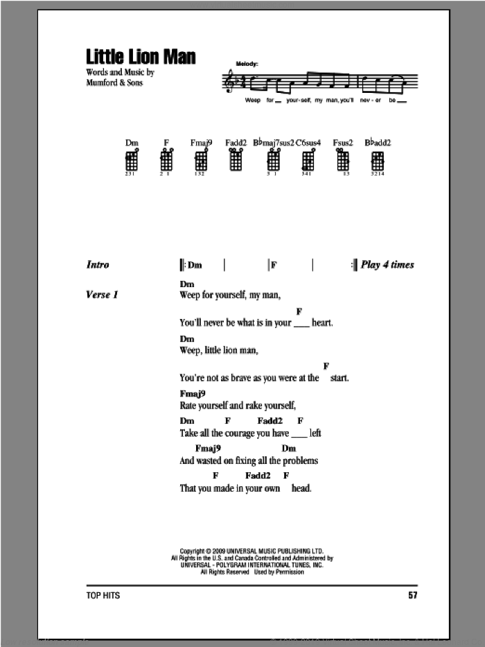 Little Lion Man sheet music for ukulele (chords) by Mumford & Sons, intermediate skill level