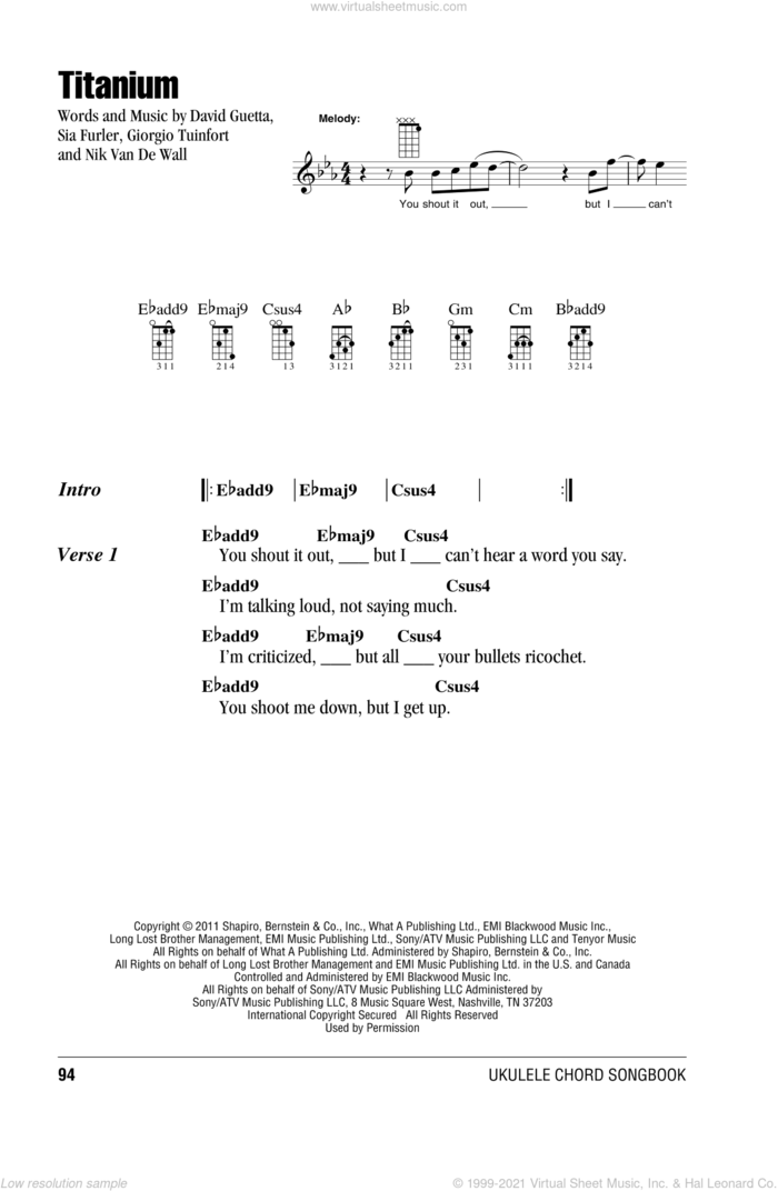 Titanium sheet music for ukulele (chords) by David Guetta, intermediate skill level