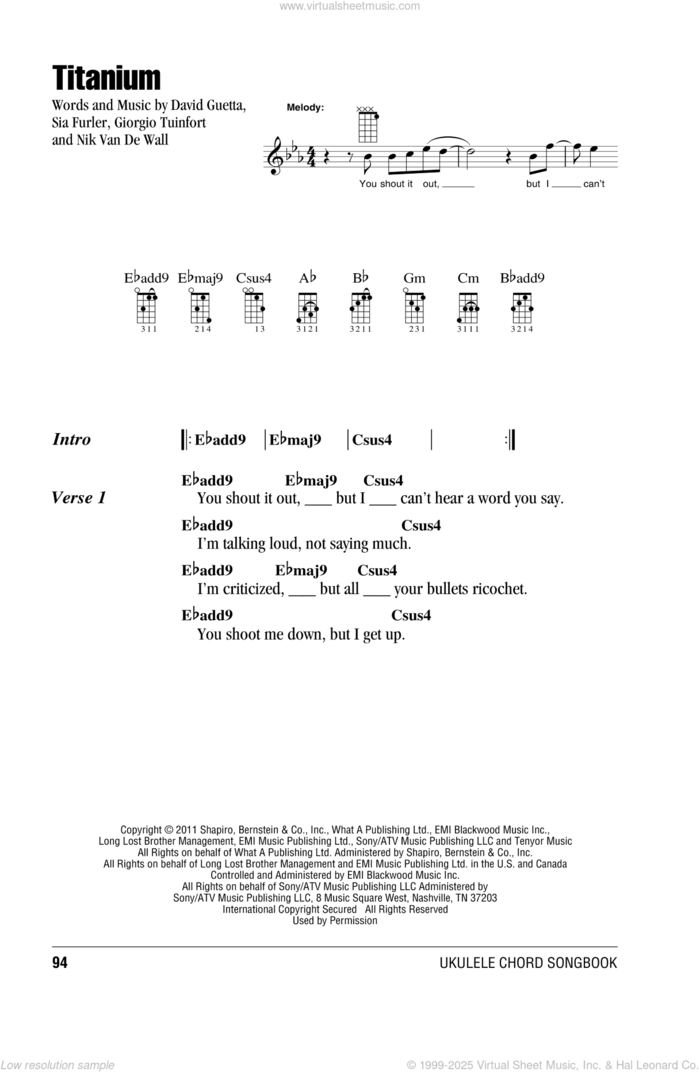 Titanium sheet music for ukulele (chords) by David Guetta, intermediate skill level