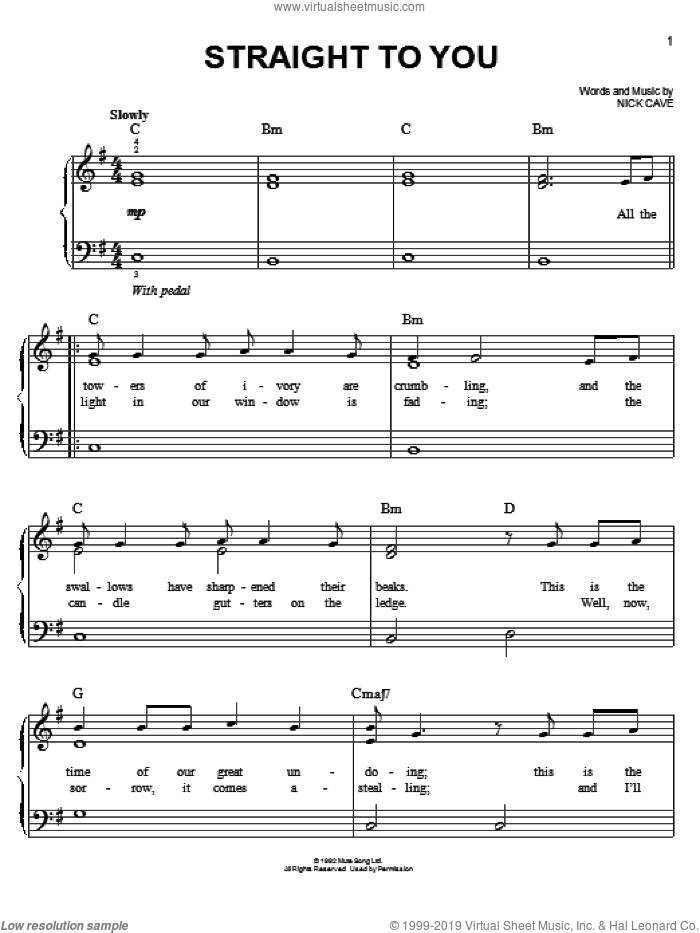 Straight To You sheet music for piano solo by Josh Groban and Nick Cave, easy skill level