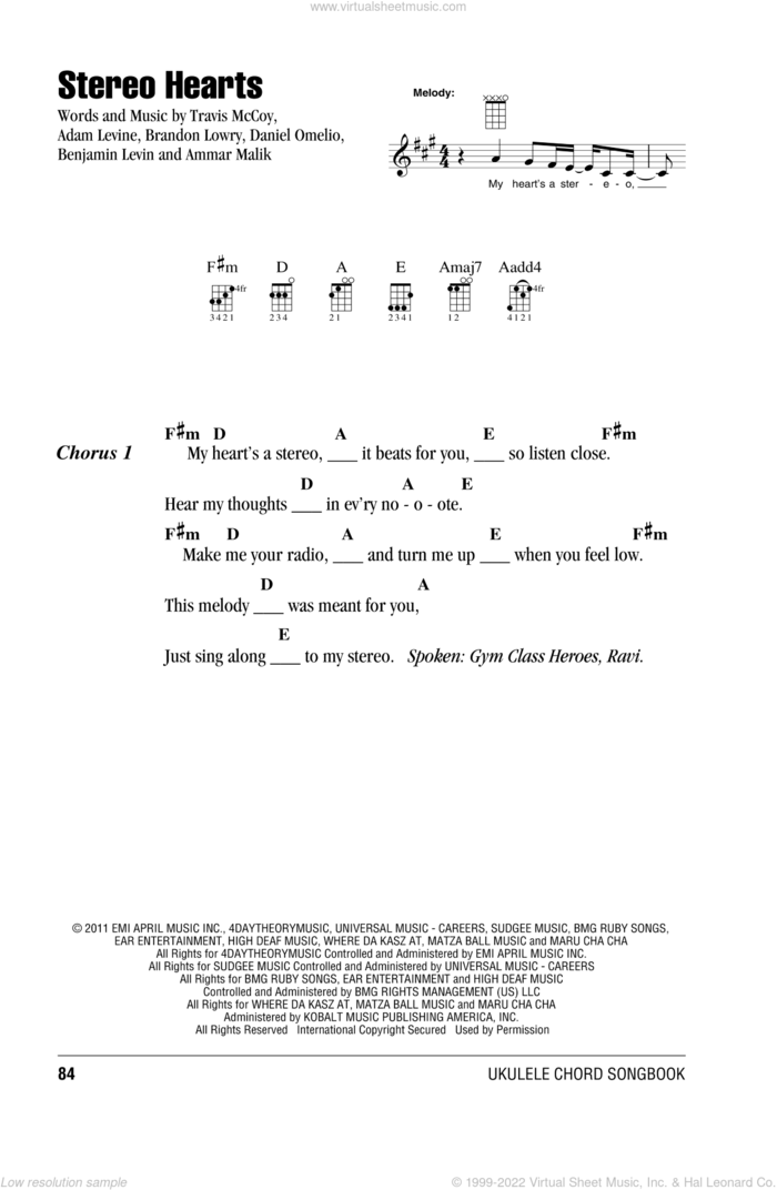 Stereo Hearts (feat. Adam Levine) sheet music for ukulele (chords) by Gym Class Heroes and Adam Levine, intermediate skill level