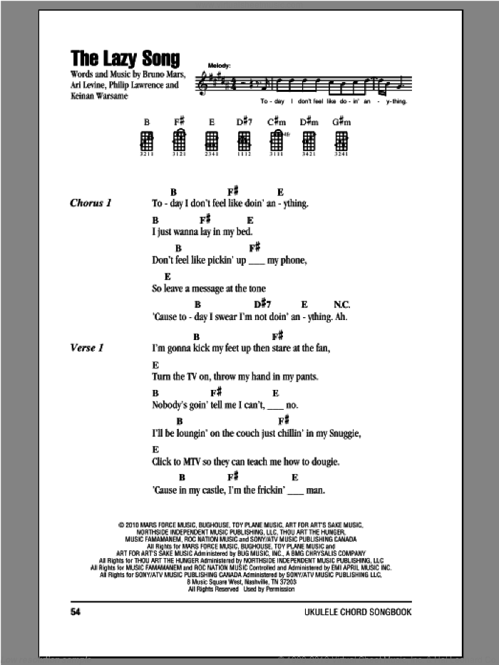 The Lazy Song sheet music for ukulele (chords) by Bruno Mars, intermediate skill level