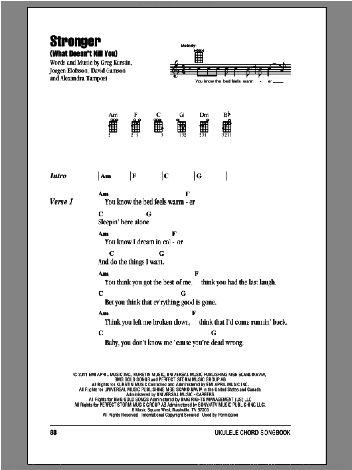 Stronger (What Doesn't Kill You) sheet music for ukulele (chords) by Kelly Clarkson, intermediate skill level
