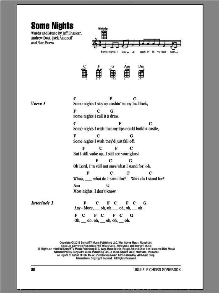 Some Nights sheet music for ukulele (chords) by Fun, intermediate skill level