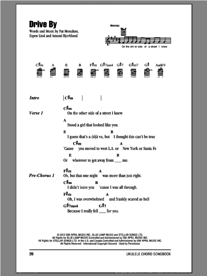 Drive By sheet music for ukulele (chords) by Train, intermediate skill level