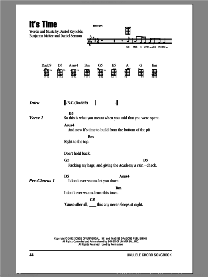 It's Time sheet music for ukulele (chords) by Imagine Dragons, intermediate skill level