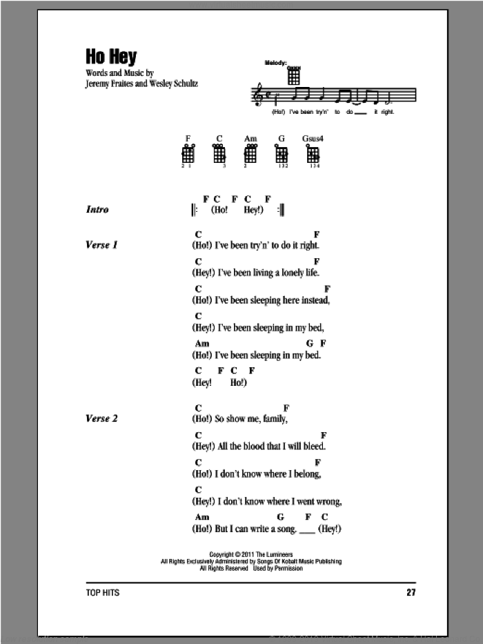Ho Hey sheet music for ukulele (chords) by The Lumineers, intermediate skill level