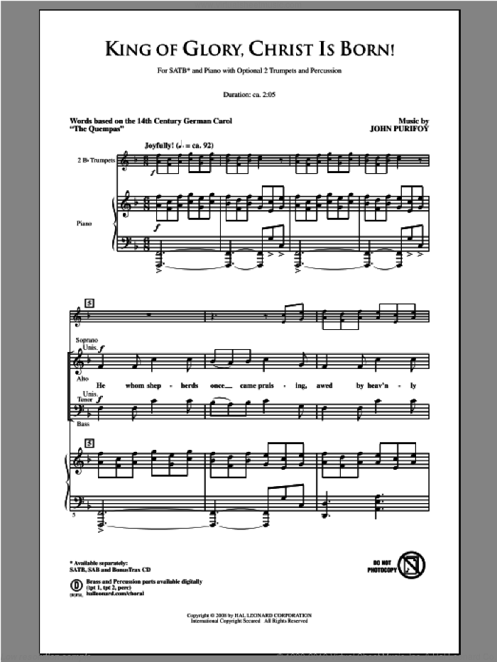 King Of Glory, Christ Is Born! sheet music for choir (SATB: soprano, alto, tenor, bass) by John Purifoy, intermediate skill level