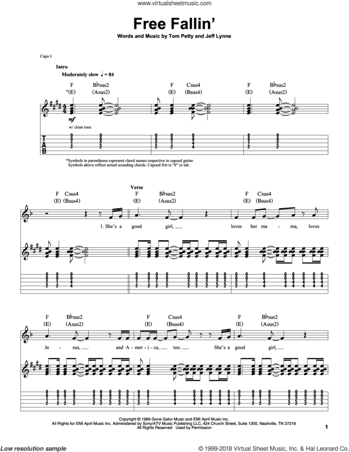 Free Fallin' sheet music for guitar (tablature, play-along) by Tom Petty and Jeff Lynne, intermediate skill level