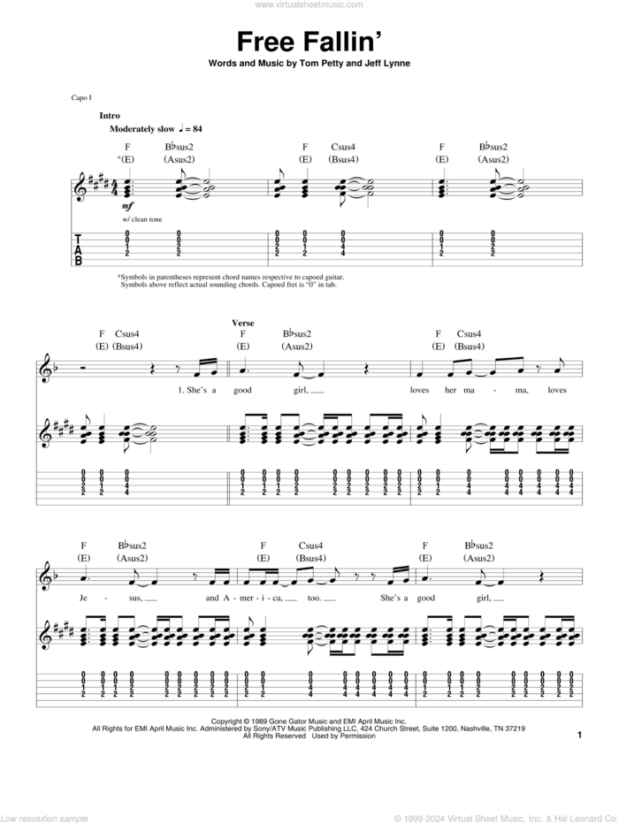 Free Fallin' sheet music for guitar (tablature, play-along) by Tom Petty and Jeff Lynne, intermediate skill level