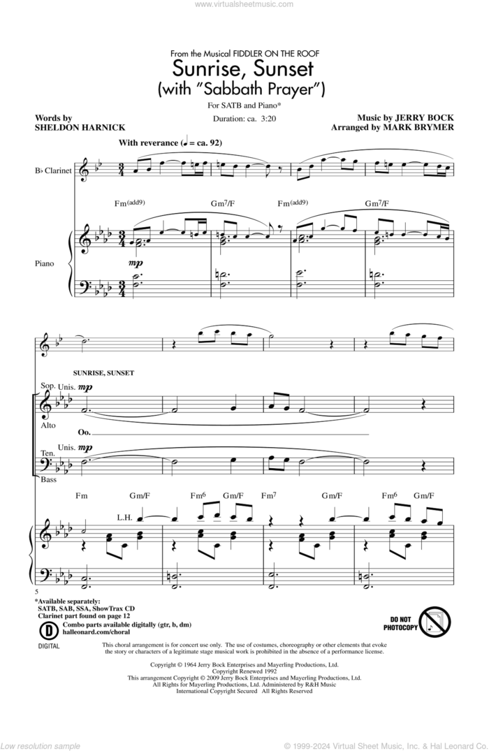 Sunrise, Sunset (with 'Sabbath Prayer') sheet music for choir (SATB: soprano, alto, tenor, bass) by Mark Brymer and Sheldon Harnick & Jerry Bock, intermediate skill level