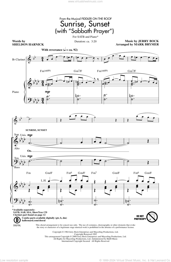 Sunrise, Sunset (with 'Sabbath Prayer') sheet music for choir (SATB: soprano, alto, tenor, bass) by Mark Brymer and Sheldon Harnick & Jerry Bock, intermediate skill level