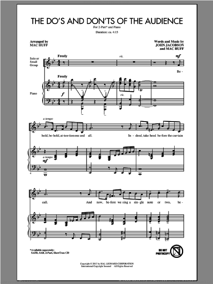 The Do's And Don'ts Of The Audience sheet music for choir (2-Part) by Mac Huff and John Jacobson, intermediate duet