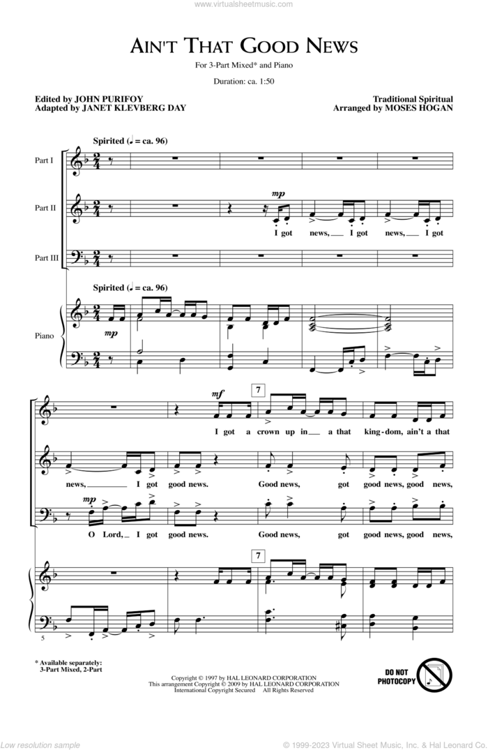 Ain't That Good News sheet music for choir (3-Part Mixed) by Moses Hogan and Janet Day, intermediate skill level