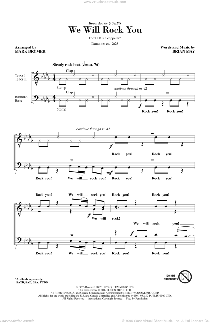 We Will Rock You (arr. Mark Brymer) sheet music for choir (TTBB: tenor, bass) by Mark Brymer and Queen, intermediate skill level