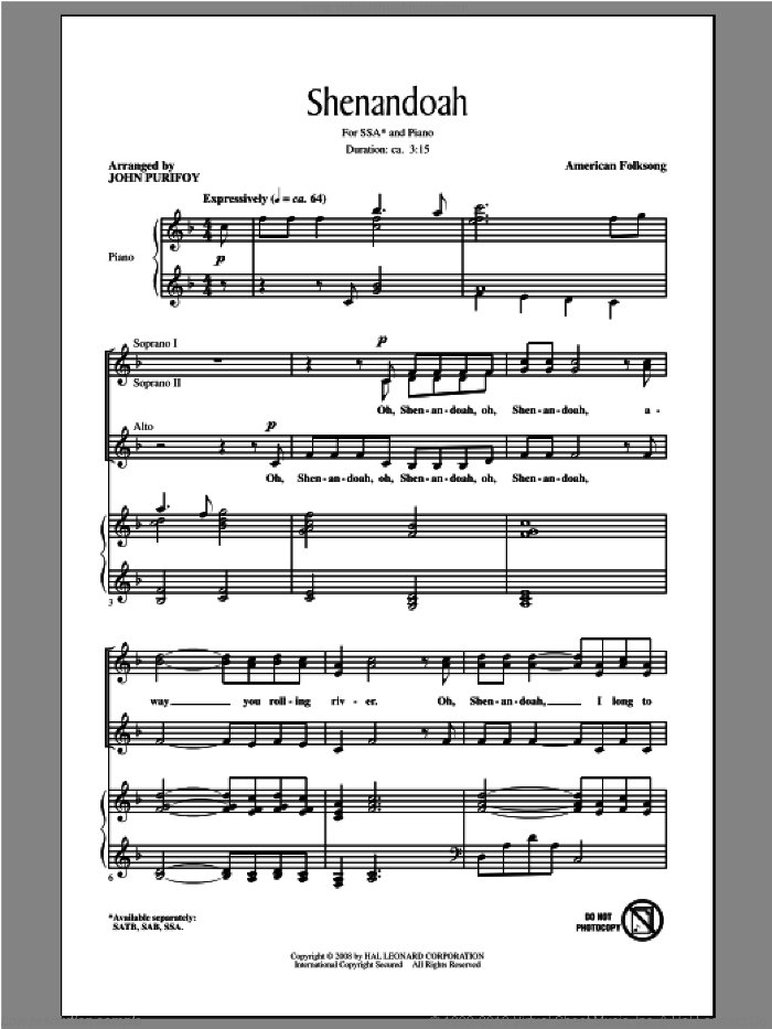 Shenandoah sheet music for choir (SSA: soprano, alto) by John Purifoy, intermediate skill level