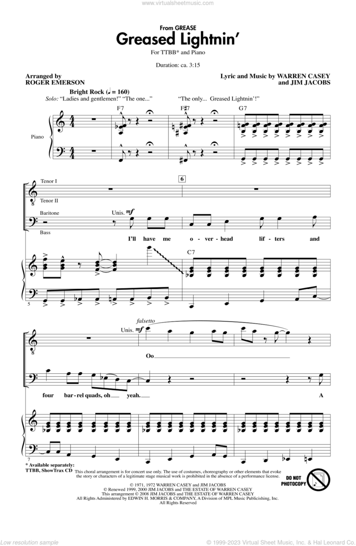 Greased Lightnin' sheet music for choir (TTBB: tenor, bass) by Roger Emerson, intermediate skill level