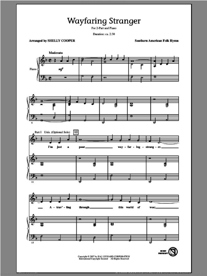 Wayfaring Stranger sheet music for choir (2-Part) by Shelly Cooper, intermediate duet