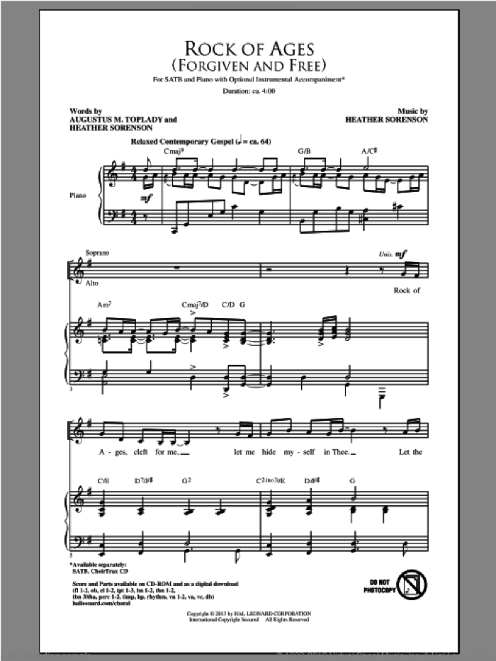 Rock Of Ages (Forgiven And Free) sheet music for choir (SATB: soprano, alto, tenor, bass) by Heather Sorenson, intermediate skill level