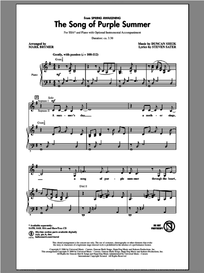 The Song Of Purple Summer sheet music for choir (SSA: soprano, alto) by Mark Brymer, intermediate skill level