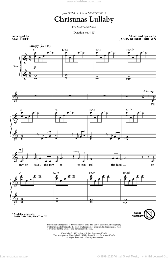 Christmas Lullaby (from Songs for a New World) (arr. Mac Huff) sheet music for choir (SSA: soprano, alto) by Mac Huff and Jason Robert Brown, intermediate skill level