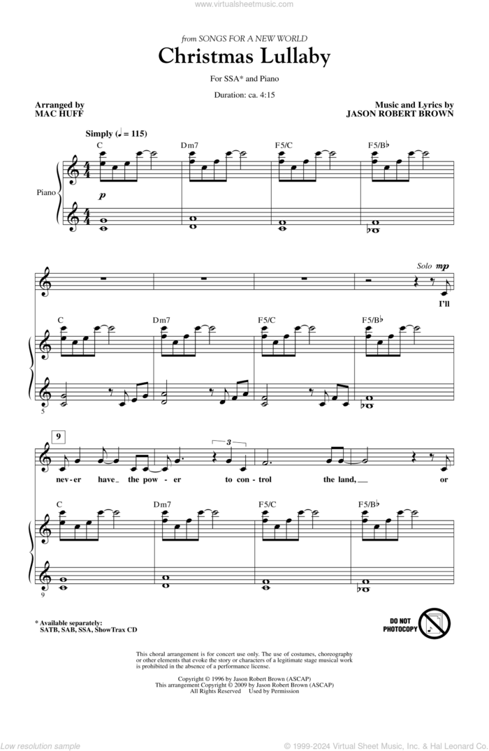 Christmas Lullaby (from Songs for a New World) (arr. Mac Huff) sheet music for choir (SSA: soprano, alto) by Mac Huff and Jason Robert Brown, intermediate skill level