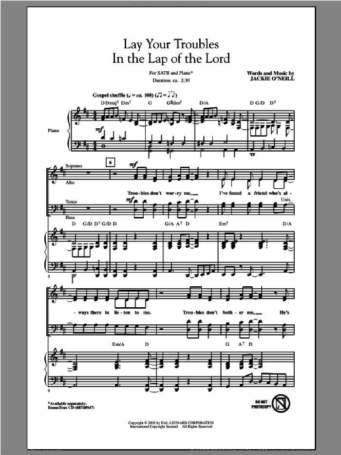 Lay Your Troubles In The Lap Of The Lord sheet music for choir (SATB: soprano, alto, tenor, bass) by Jackie O'Neill, intermediate skill level