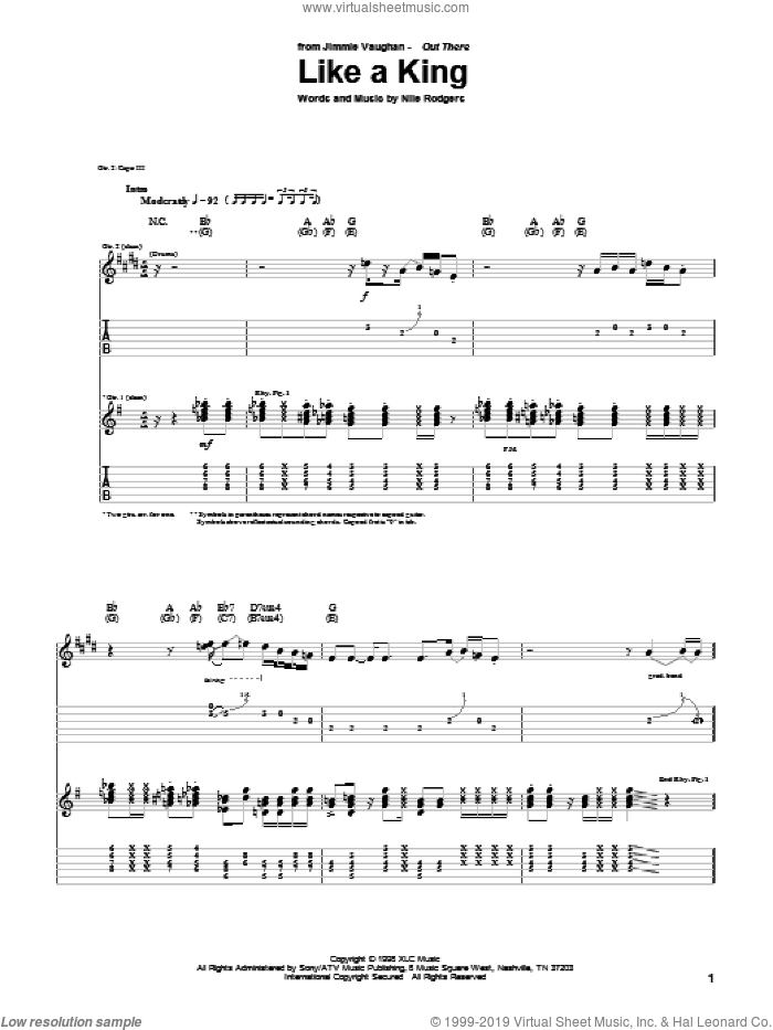 Like A King sheet music for guitar (tablature) by Jimmie Vaughan and Nile Rodgers, intermediate skill level