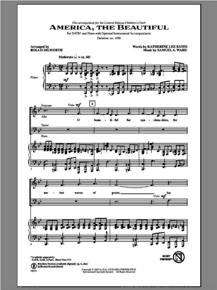 America, The Beautiful sheet music for choir (SATB: soprano, alto, tenor, bass) by Katherine Lee Bates and Rollo Dilworth, intermediate skill level