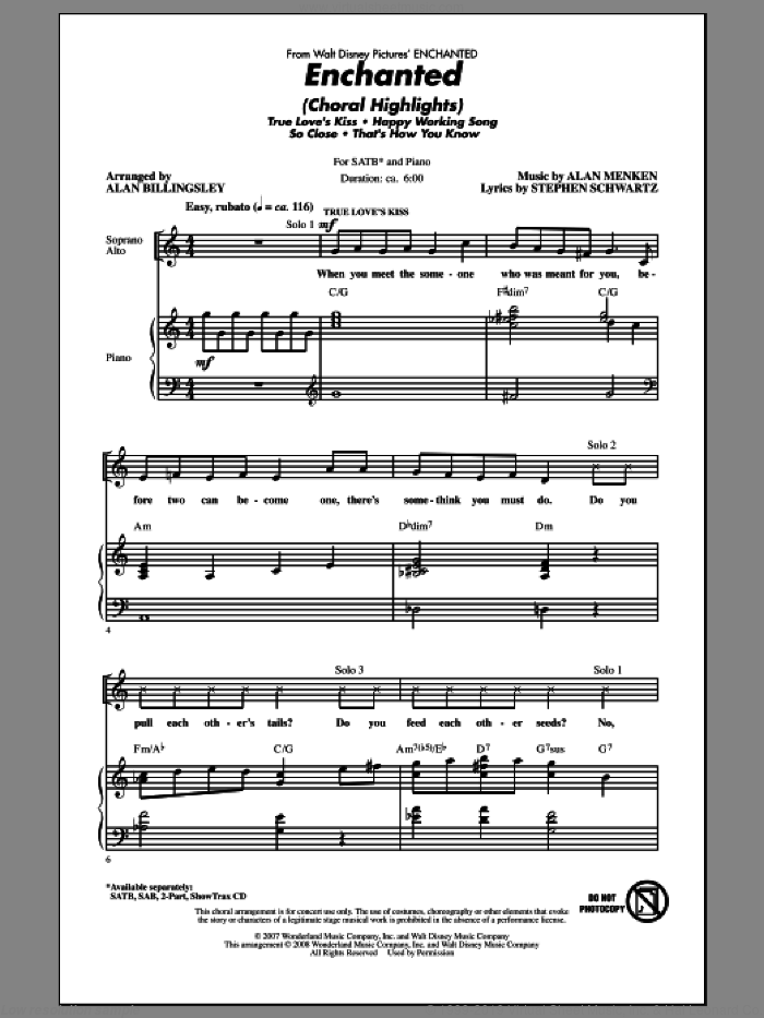 Enchanted (Choral Highlights) (arr. Alan Billingsley) sheet music for choir (SATB: soprano, alto, tenor, bass) by Alan Menken, Alan Billingsley and Stephen Schwartz, intermediate skill level