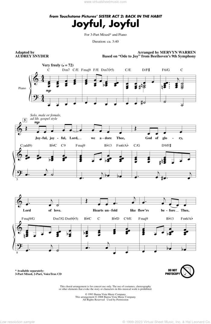 Joyful, Joyful (from Sister Act 2) (arr. Audrey Snyder) sheet music for choir (3-Part Mixed) by Audrey Snyder and Mervyn Warren, intermediate skill level