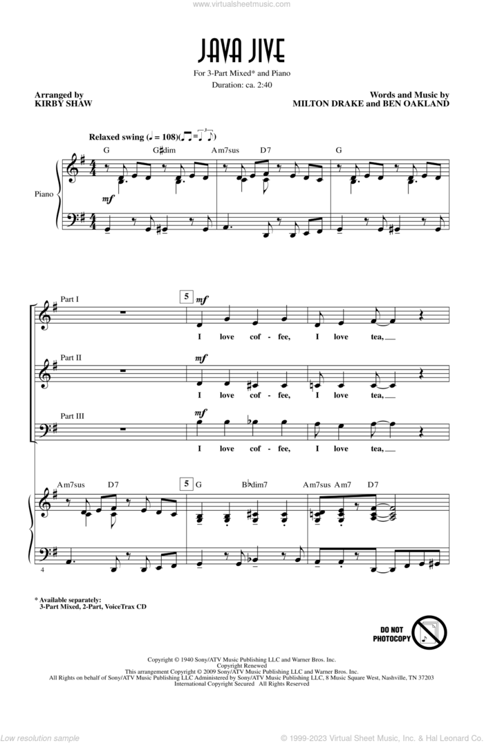 Java Jive (arr. Kirby Shaw) sheet music for choir (3-Part Mixed) by The Ink Spots and Kirby Shaw, intermediate skill level