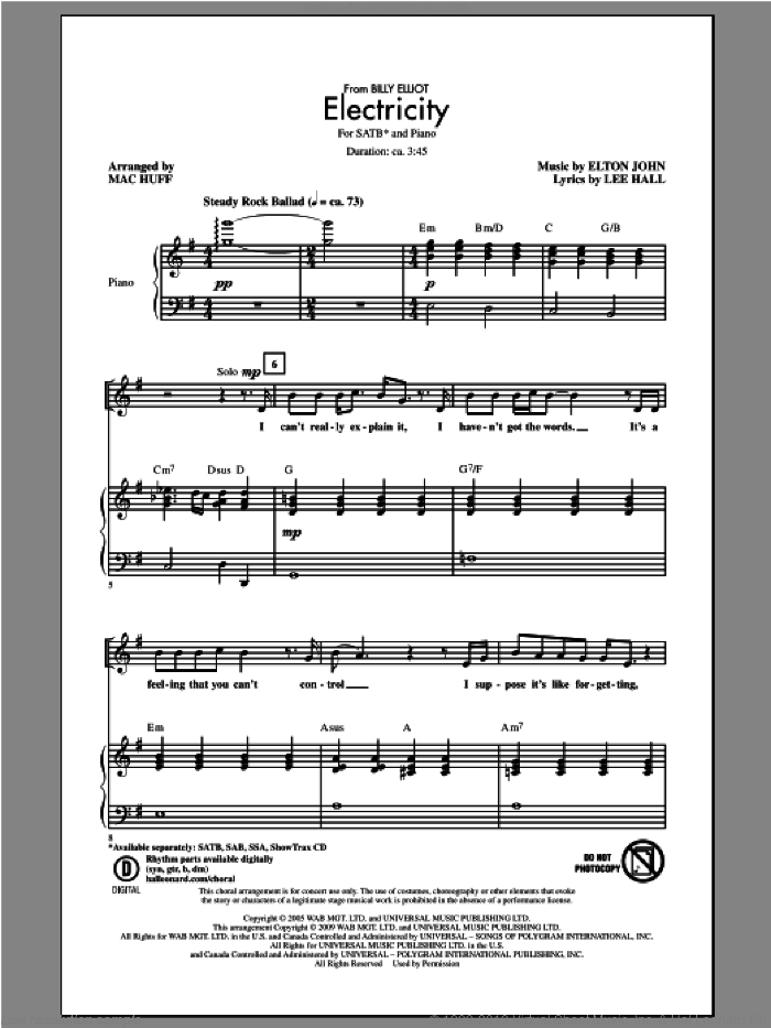 Electricity sheet music for choir (SATB: soprano, alto, tenor, bass) by Elton John and Mac Huff, intermediate skill level