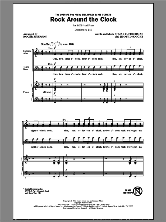 Rock Around The Clock sheet music for choir (SATB: soprano, alto, tenor, bass) by Roger Emerson and Bill Haley & His Comets, intermediate skill level