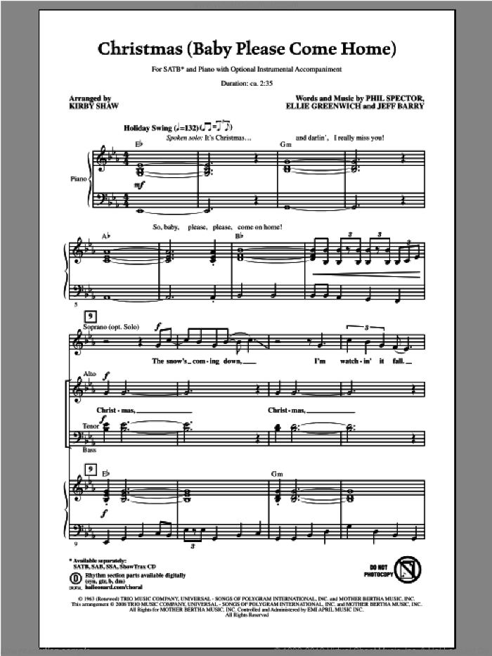 Christmas (Baby Please Come Home) sheet music for choir (SATB: soprano, alto, tenor, bass) by Kirby Shaw, intermediate skill level