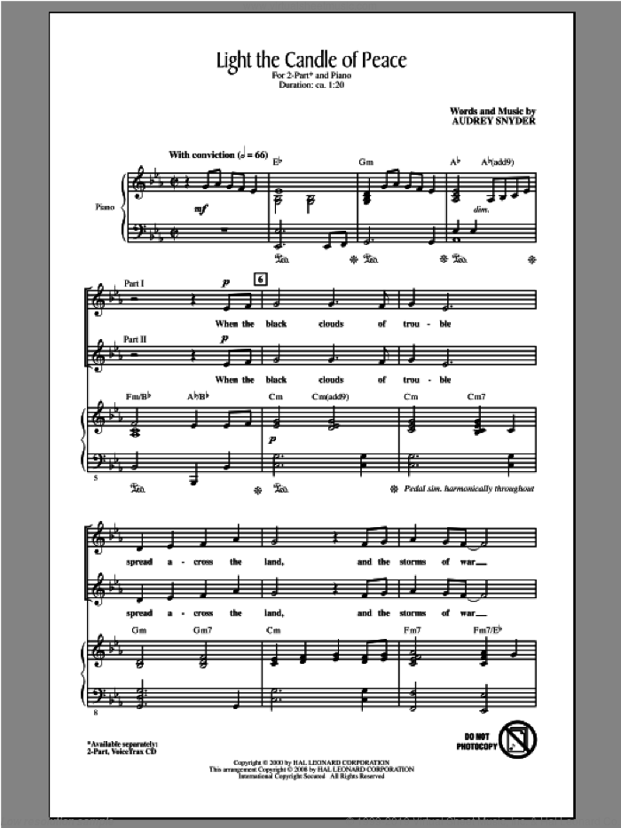 Light The Candle Of Peace sheet music for choir (2-Part) by Audrey Snyder, intermediate duet