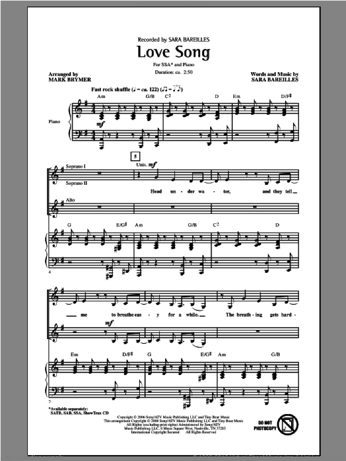 Love Song (arr. Mark Brymer) sheet music for choir (SSA: soprano, alto) by Mark Brymer and Sara Bareilles, intermediate skill level