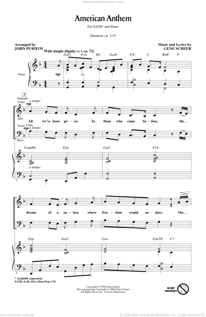 American Anthem sheet music for choir (SATB: soprano, alto, tenor, bass) by John Purifoy and Gene Scheer, intermediate skill level