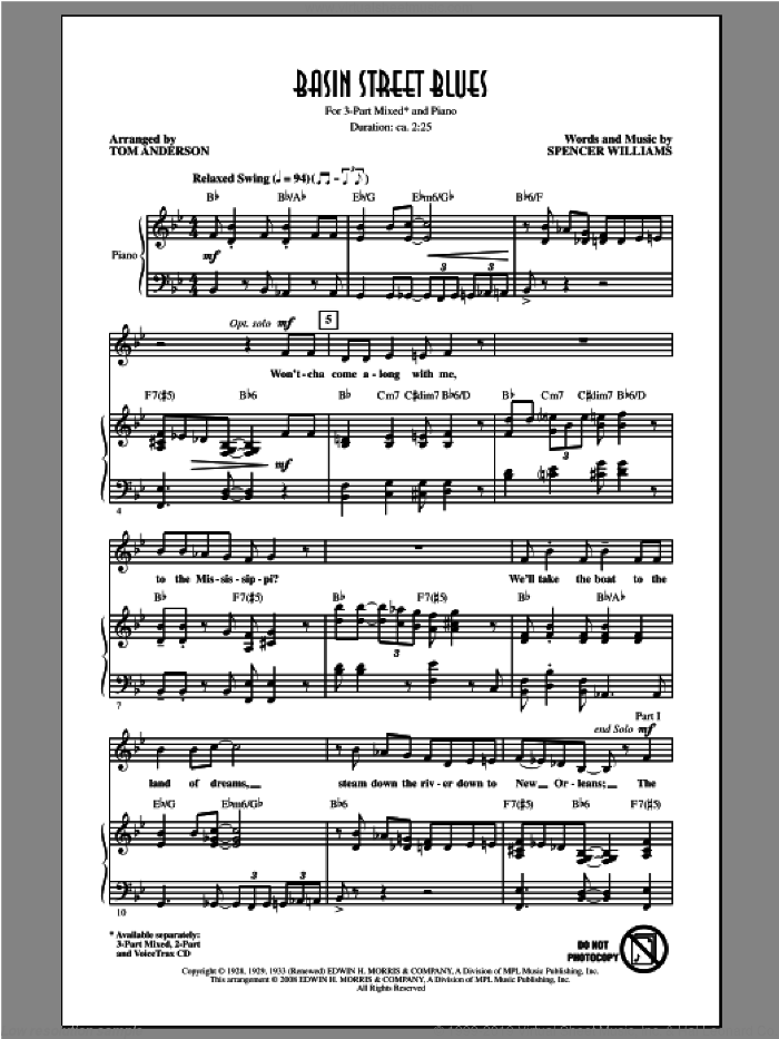 Basin Street Blues (arr. Tom Anderson) sheet music for choir (3-Part Mixed) by Louis Armstrong, Spencer Williams and Tom Anderson, intermediate skill level
