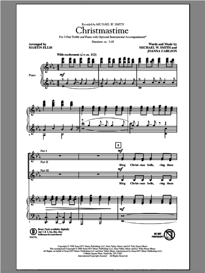 Christmastime sheet music for choir (3-Part Treble) by Michael W. Smith and Martin Ellis, intermediate skill level