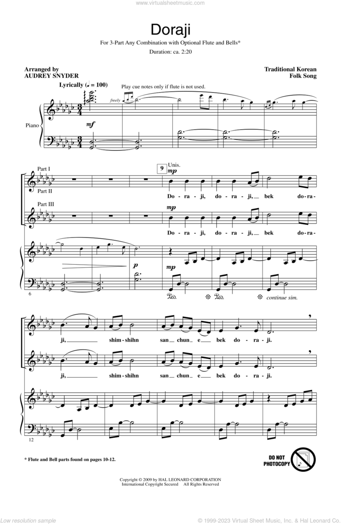 Doraji sheet music for choir (3-Part Mixed) by Audrey Snyder, intermediate skill level