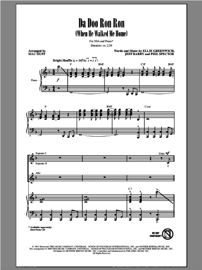 Da Doo Ron Ron (When He Walked Me Home) sheet music for choir (SSA: soprano, alto) by Mac Huff, intermediate skill level