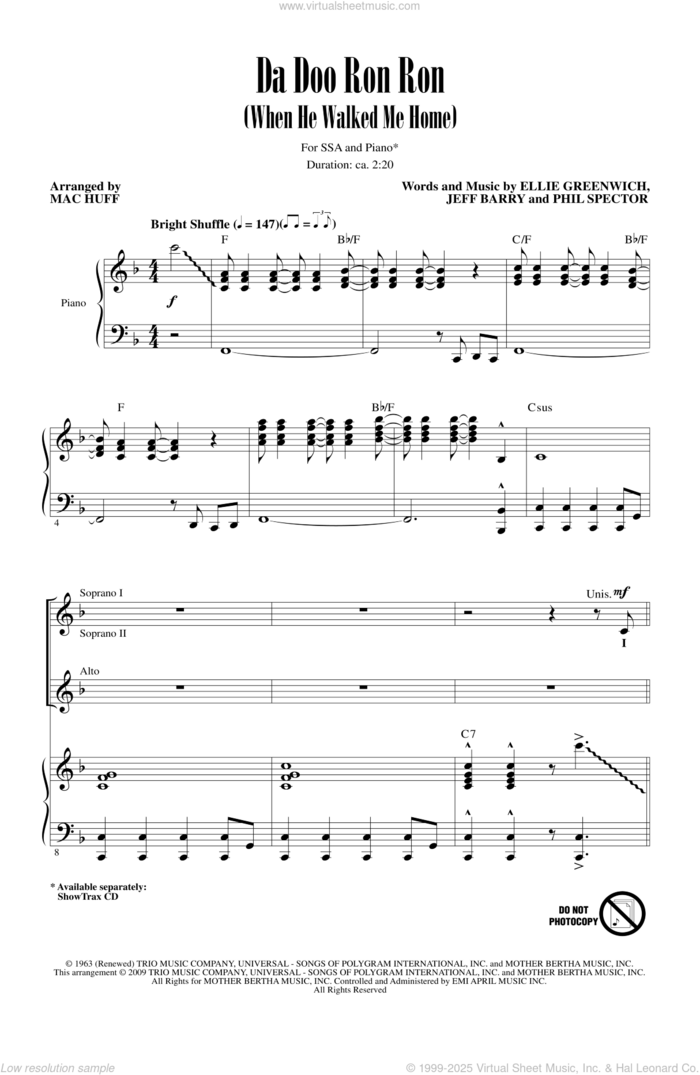 Da Doo Ron Ron (When He Walked Me Home) sheet music for choir (SSA: soprano, alto) by Mac Huff, intermediate skill level