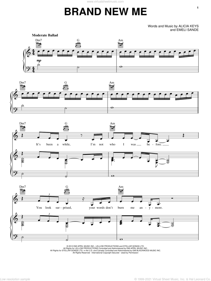 Brand New Me sheet music for voice, piano or guitar by Alicia Keys, intermediate skill level