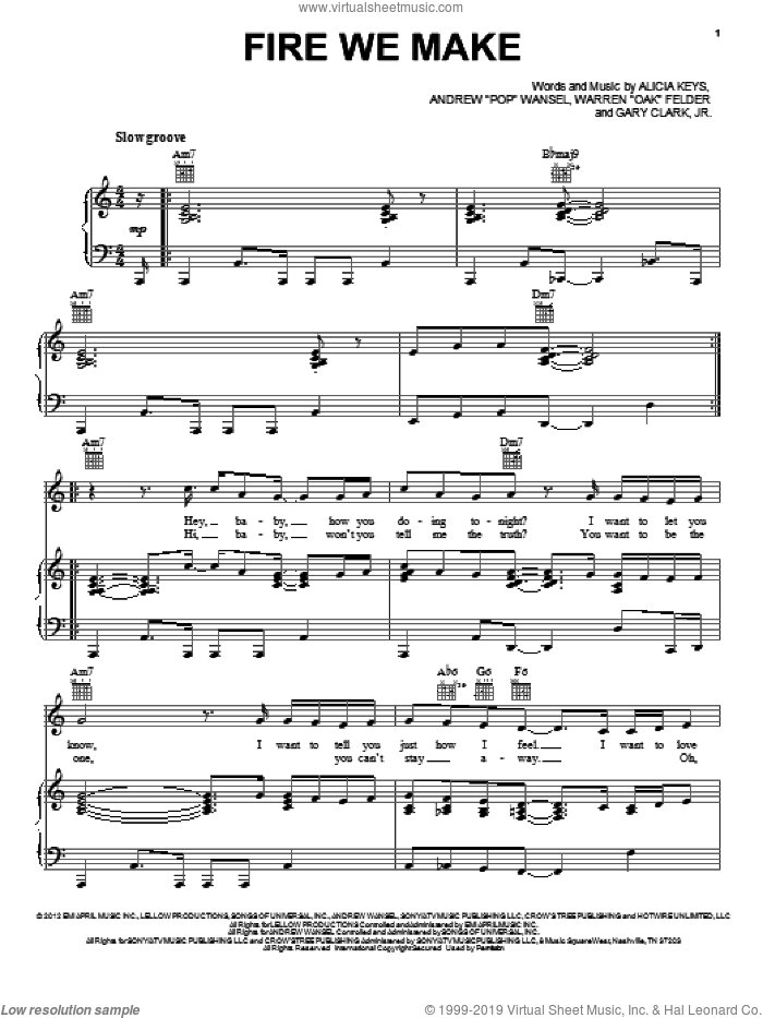 Fire We Make sheet music for voice, piano or guitar by Alicia Keys, intermediate skill level