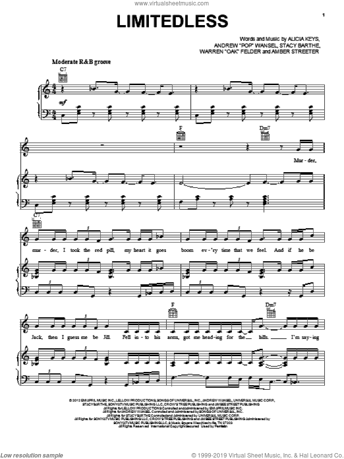 Limitedless sheet music for voice, piano or guitar by Alicia Keys, intermediate skill level