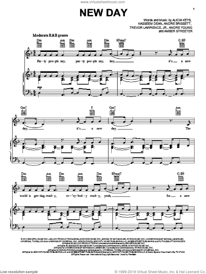 New Day sheet music for voice, piano or guitar by Alicia Keys, intermediate skill level