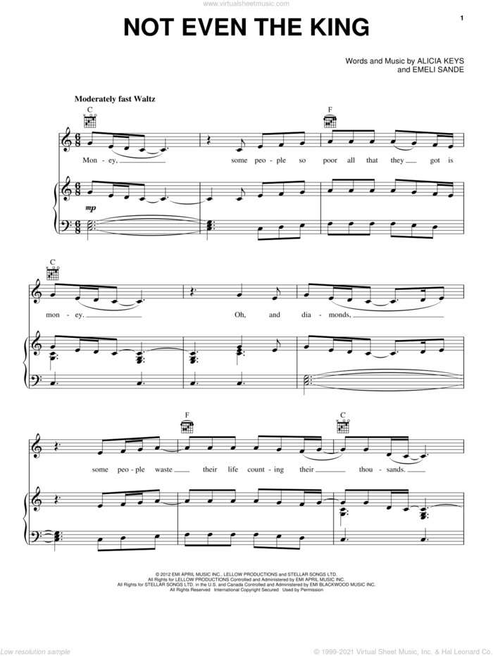Not Even The King sheet music for voice, piano or guitar by Alicia Keys, intermediate skill level